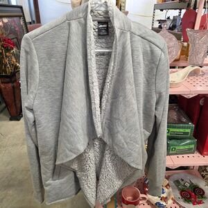 Avia Women Gray Faux Sherpa  Open Front Cardigan Sweater Jacket Size L 12 14